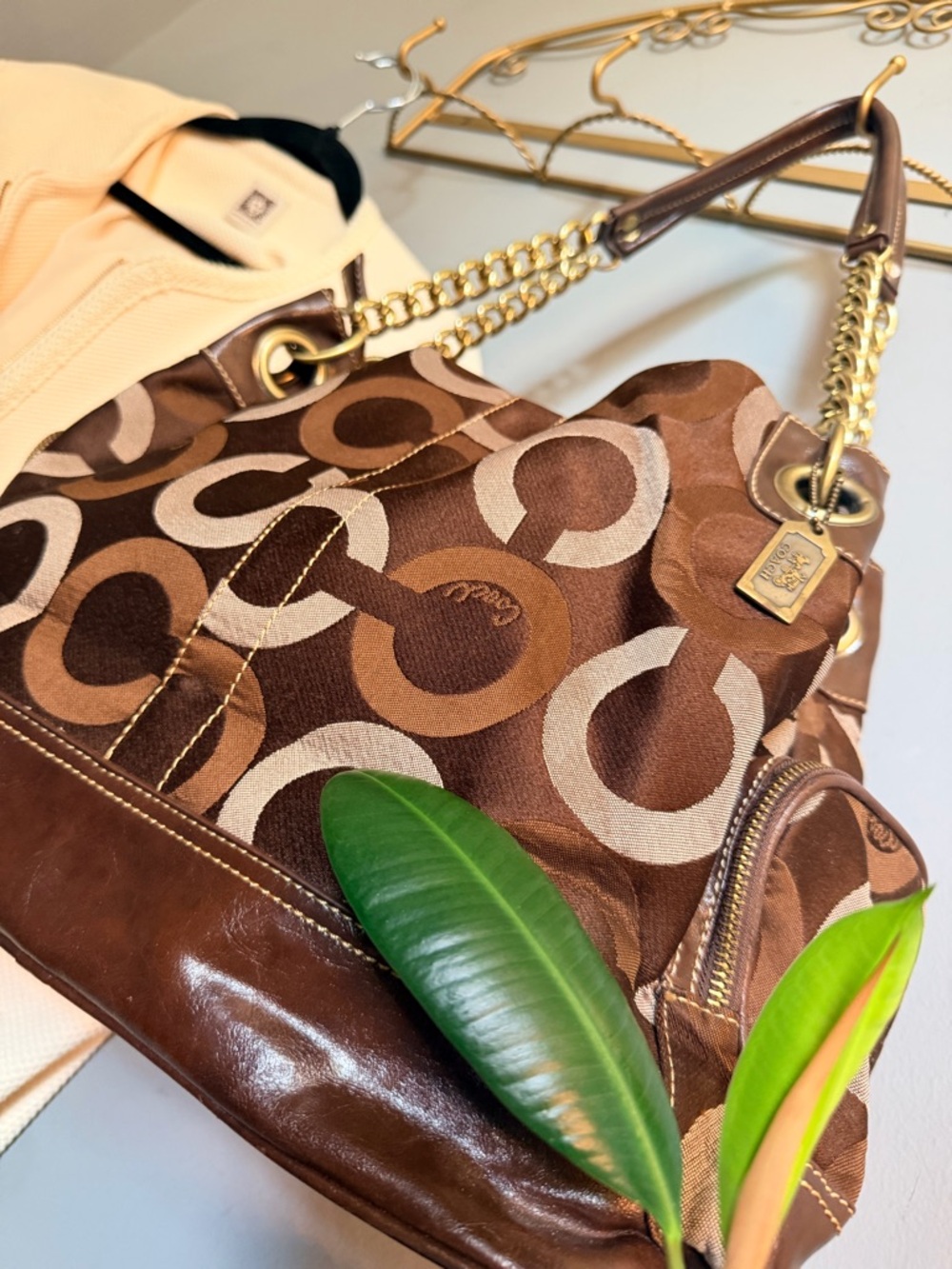 Vintage Coach Signature Jacquard Chain Tote Brown Monogram Shoulder Bag